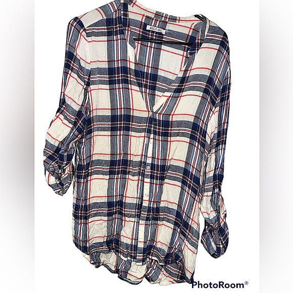 Kenneth Cole Reaction plaid striped button down sz Md blue red and white flannel - Picture 1 of 3